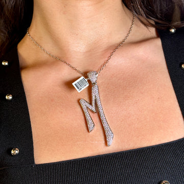 Natural Diamond Pavè Inital Letter M Pendant 3.16 CT 14K White Gold