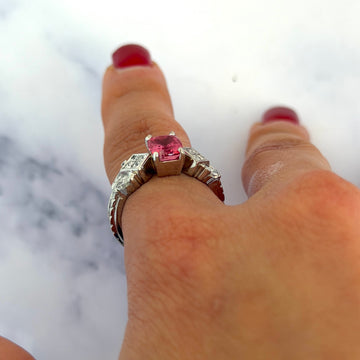Mid Century Engagement Ring Natural Pink Spinel and Diamond Platinum 950