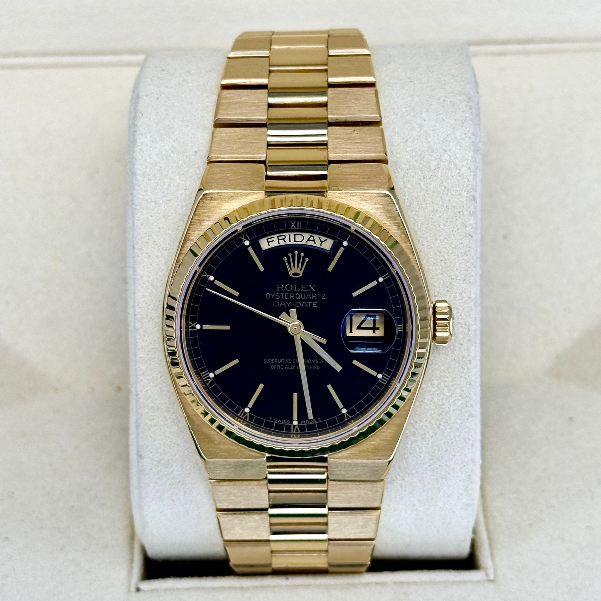 Rolex Day-Date Oysterquartz 36mm President No Sag 18K Yellow Gold Black Dial