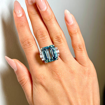 Aquamarine 20.16 CT Diamond 0.35 CT 14K White Gold Ring Size 6 3/4