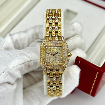 Cartier Panthere RARE Factory Set Diamond BOX PAPERS Small Watch 18K Yellow Gold
