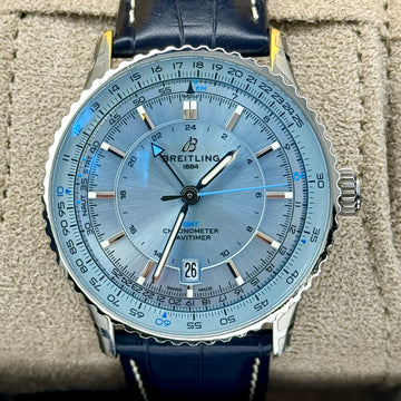 Breitling Navitimer GMT Automatic Gmt 41 Sunburst Ice Blue Dial Leather Band
