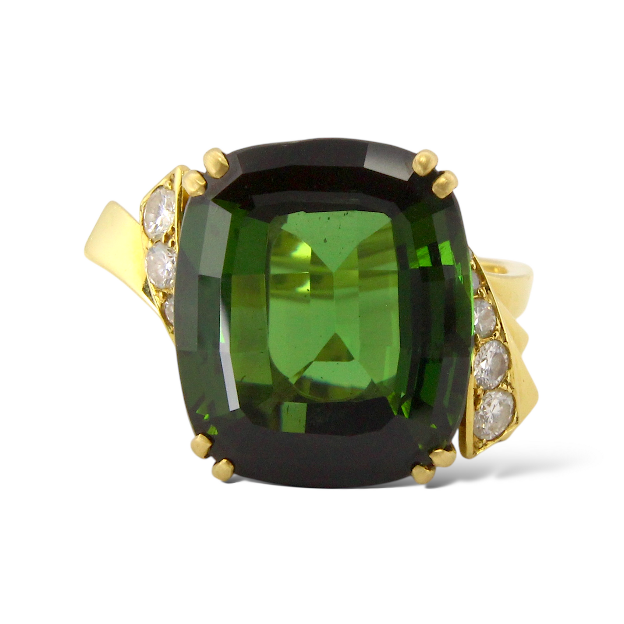 BOUCHERON 20 CT Green Tourmaline and Diamond 18K Yellow Gold Ring French Vintage
