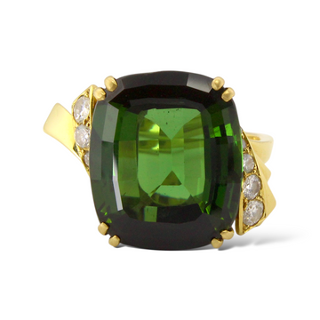 BOUCHERON 20 CT Green Tourmaline and Diamond 18K Yellow Gold Ring French Vintage