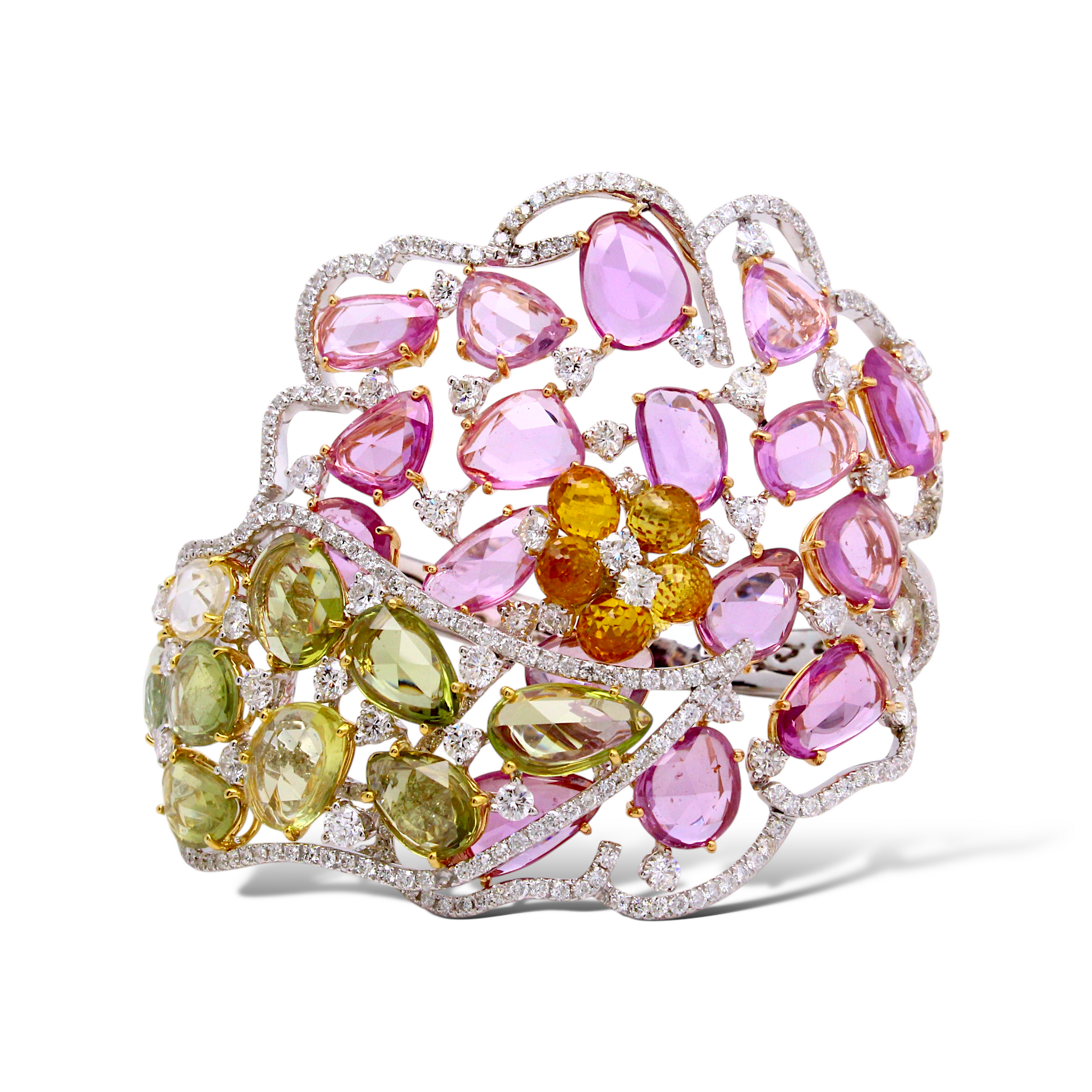 40 CT Diamonds, Orange Green and Pink Sapphires Wide Bangle 18K White Gold
