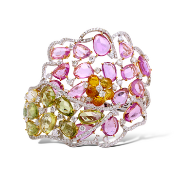 40 CT Diamonds, Orange Green and Pink Sapphires Wide Bangle 18K White Gold