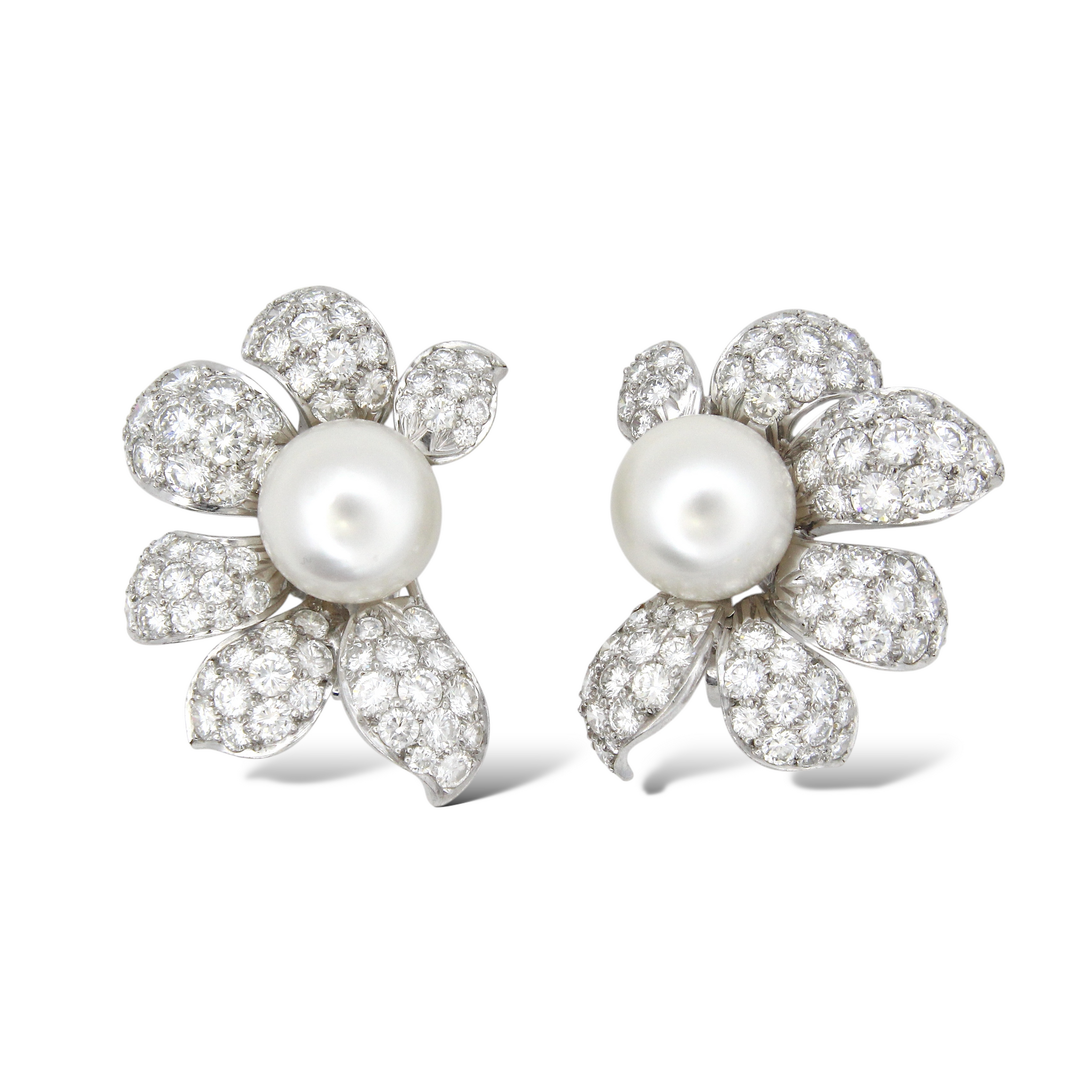 DAVID WEBB Natural Diamond 7.5-8.5 CT & South Sea Pearl Flower Earrings Platinum