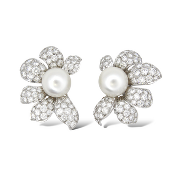 DAVID WEBB Natural Diamond 7.5-8.5 CT & South Sea Pearl Flower Earrings Platinum
