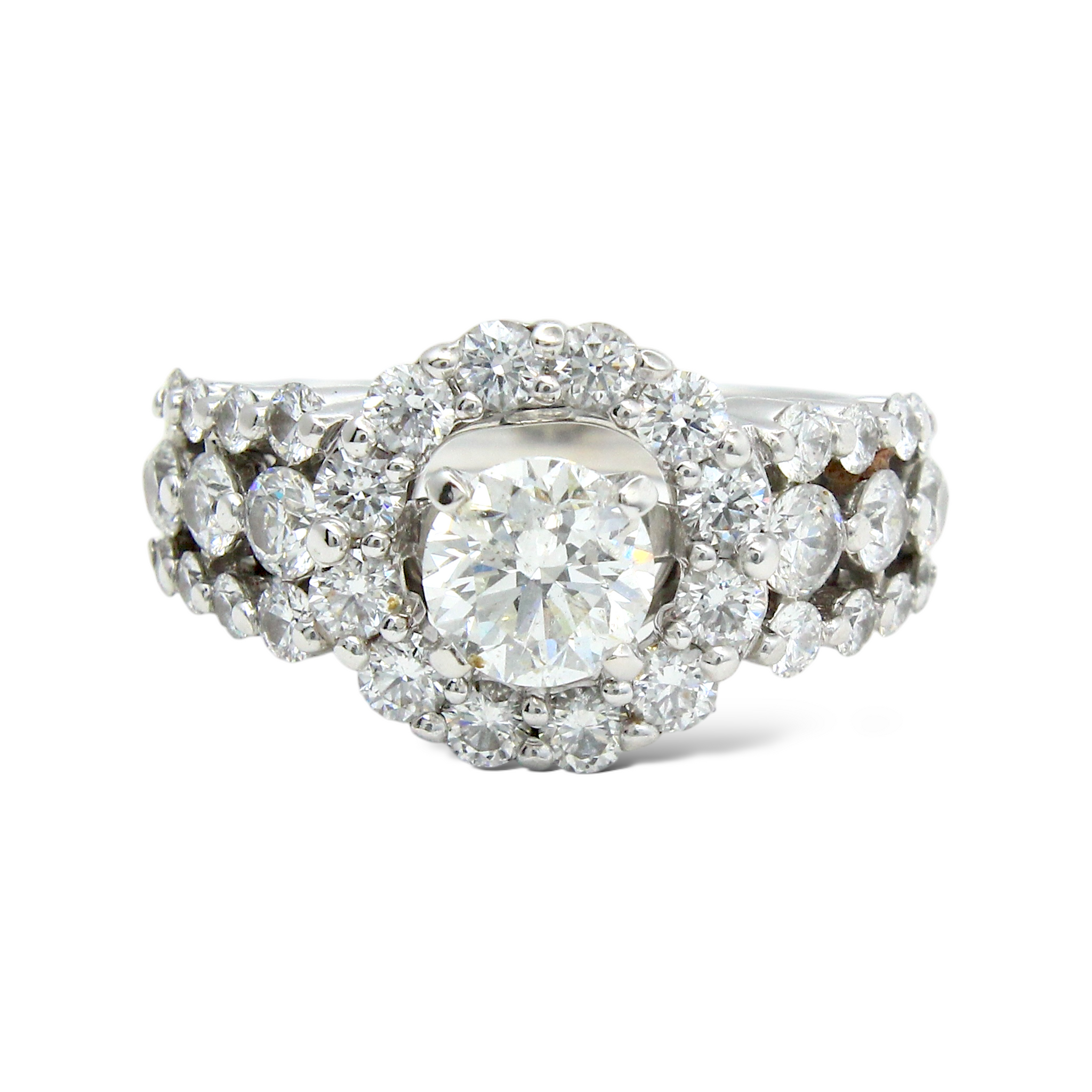 1.83 CT Round Diamond Engagement Ring Halo 3-Row Band 18K White Gold Size 6.5