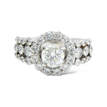 1.83 CT Round Diamond Engagement Ring Halo 3-Row Band 18K White Gold Size 6.5