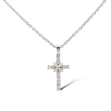 0.70 CT Diamond Cross Gold Pendant Floral Cluster Center 14K White Gold