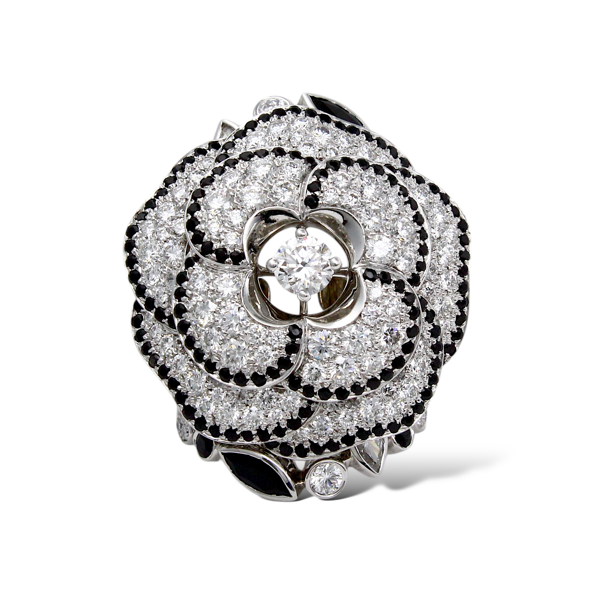 CHANEL Camélia Ganse Diamond Black Diamond Flower 18K White Gold Ring Size 53