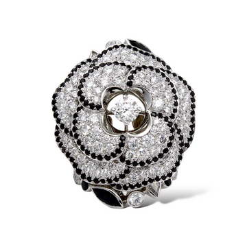 CHANEL Camélia Ganse Diamond Black Diamond Flower 18K White Gold Ring Size 53