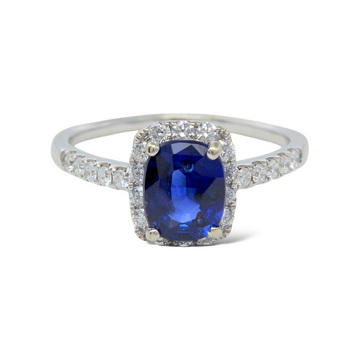 2 CT Blue Sapphire and 0.40 CT Natural Diamond 14K White Gold Ring Size 9