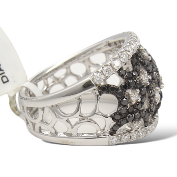 Black & White Diamond Wide Band Cocktail Ring 1.29 CT 18K White Gold Size 6.25