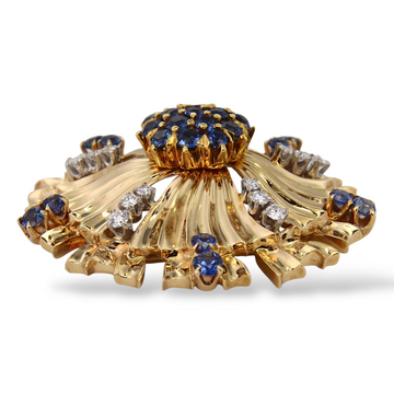 CARTIER Mid Century Vintage Flower Diamond Blue Sapphire Brooch 14K Yellow Gold