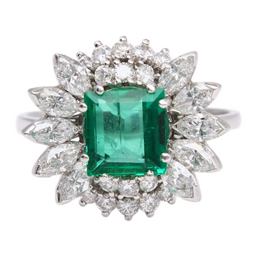 Mid Century Green Emerald 1.60 CT Diamond 1.50 CT Ring Platinum 900 Size 7.25