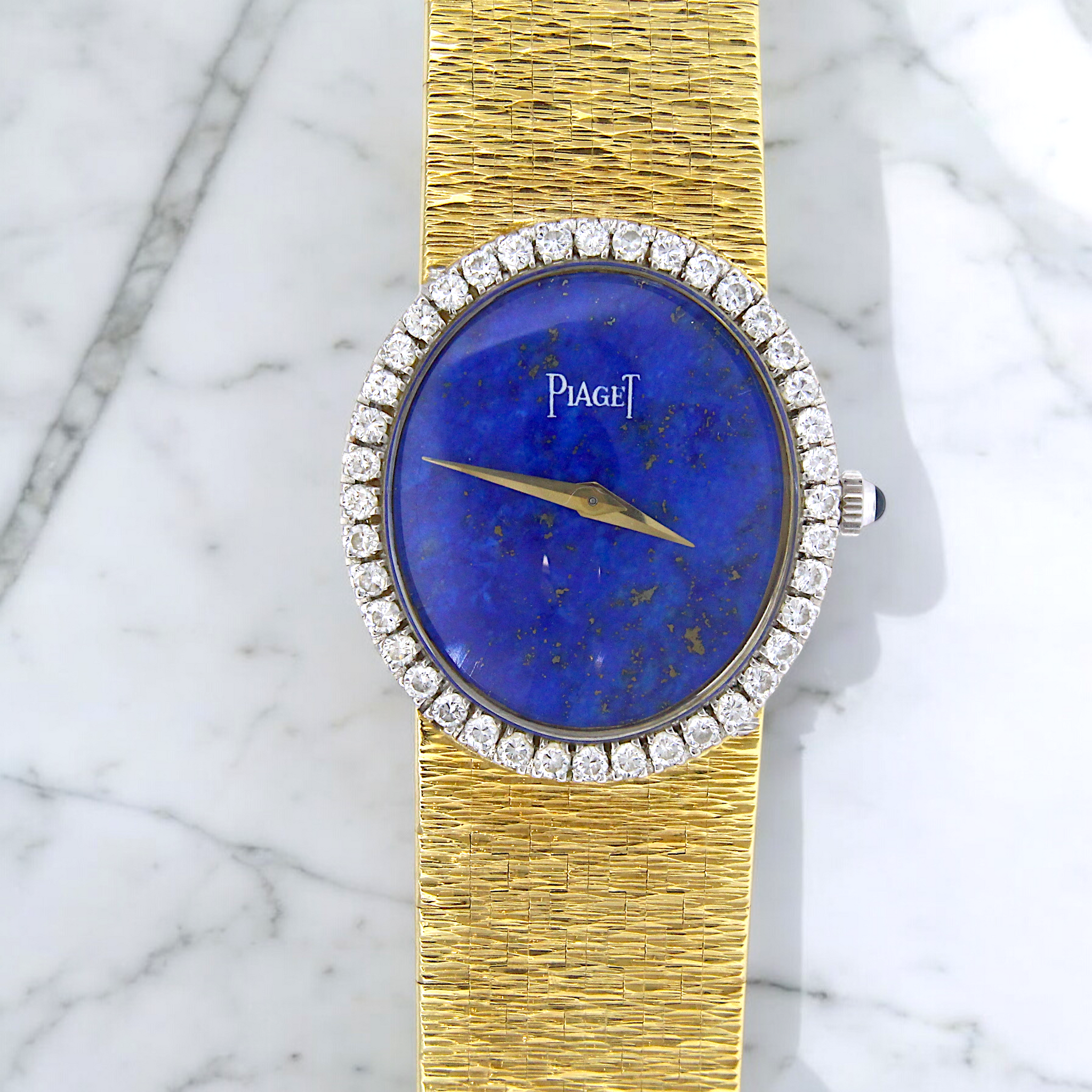 Piaget Vintage Blue Lapis Lazuli Dial Diamond Bezel 24mm Manual 18K Yellow Gold