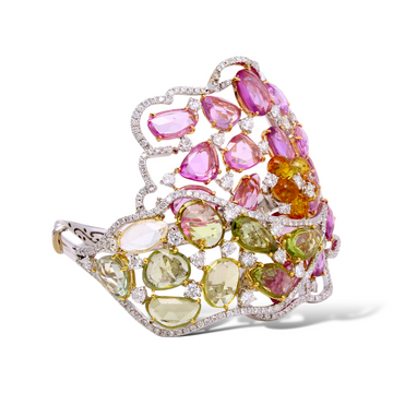 40 CT Diamonds, Orange Green and Pink Sapphires Wide Bangle 18K White Gold