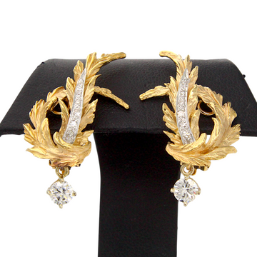 Vintage Leaf Motif Natural Diamond 14K Yellow Gold Clip On Dangle Drop Earrings