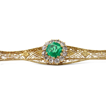 Victorian GIA Green Emerald Old Mine Diamond Brooch Antique Pin 14K Yellow Gold