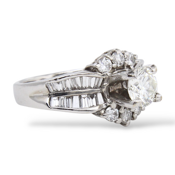 Engagement Diamond Ring 1.35 CTW Round Cut & Baguette Cut 18K White Gold Size 4