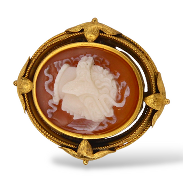 Antique Victorian Carved Agate Cameo Flower Brooch Pin 18K Yellow Gold