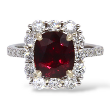 GIA Natural Ruby Cushion Cut 3.27 CT Diamond Halo Ring 14K White Gold Size 5.85