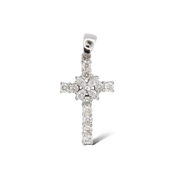 0.70 CT Diamond Cross Gold Pendant Floral Cluster Center 14K White Gold