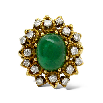 Emerald Cabochon & Diamond Cluster Vintage 18K Yellow Gold Ring Size 5