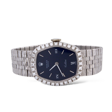 Rolex Cellini Ladies Diamond Bezel Navy Blue Dial 18K White Gold 22 mm Manual