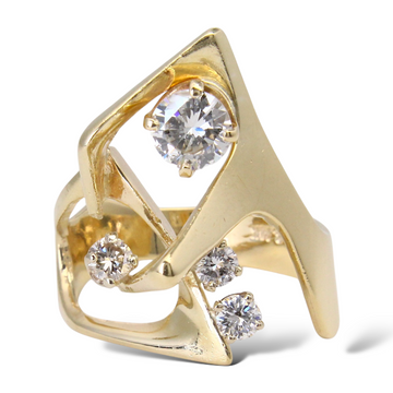 Abstract Avant Garde Brutalist Diamond Ring 0.85 CT 14K Yellow Gold Size 7