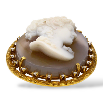 Antique Hard Stone Diamond Agate Cameo Pendant Brooch Pin 14K Yellow Gold