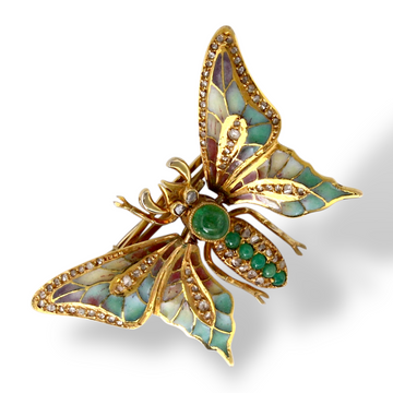 Antique Plique A Jour Butterfly Enamel Brooch 14K Yellow Gold Diamond Emerald