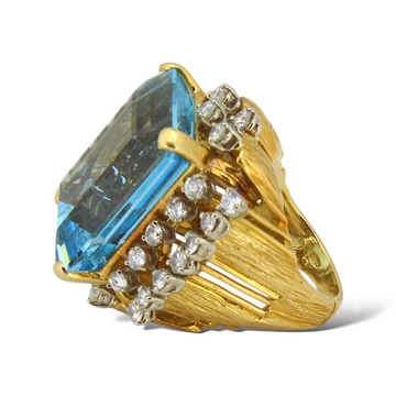 LARGE 34.50 CT Aquamarine Diamond 2.00 CT Ring Textured 18K Yellow Gold