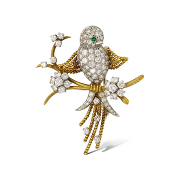MCTEIGUE & CO Vintage Diamond Flower Bird Brooch 18K Yellow Gold Platinum