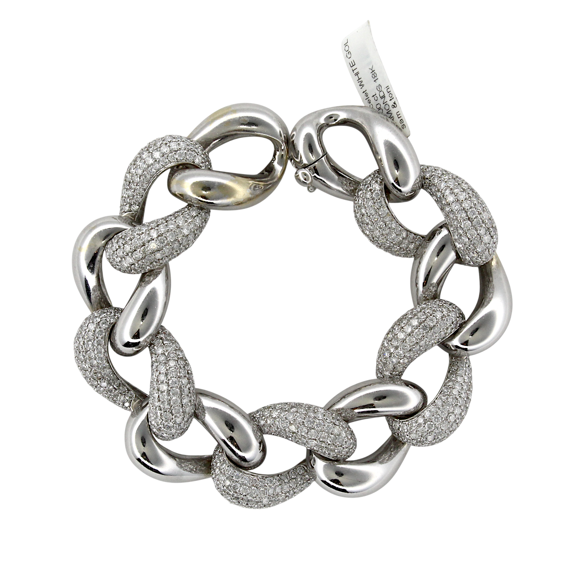 12-15 CT Natural Diamond Pavè Cuban Link Bracelet 18K White Gold 8" Inches