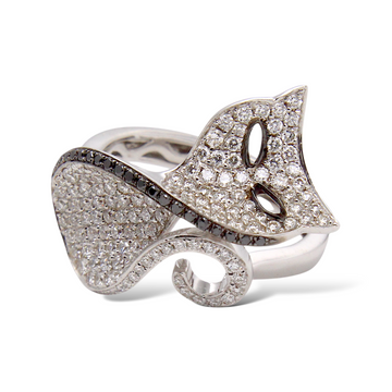 Cat White and Black Natural Diamond Ring 1.05 CT 18K White Gold Size 6 3/4