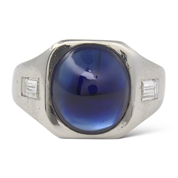 GIA No Heat Art Deco Natural Blue Sapphire Cabochon Diamond Platinum Ring Size 7
