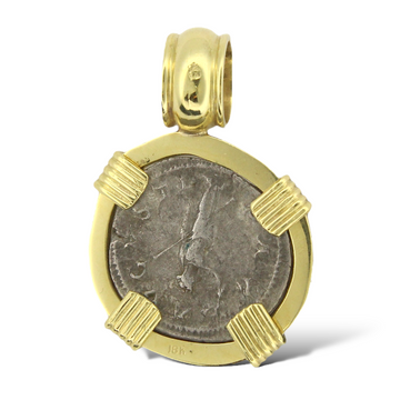 Ancient Roman Empire Silver Coin Ruby Genuine Denarius Pendant 18K Yellow Gold