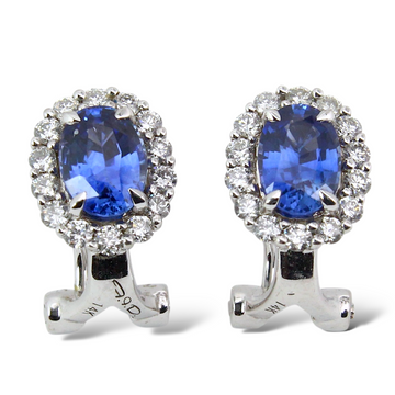 2 CT Sapphire and Natural Diamond Halo Earrings 14K White Gold