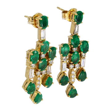 Green Emerald Chandelier Natural Diamond Drop Dangle Earrings 18K Yellow Gold