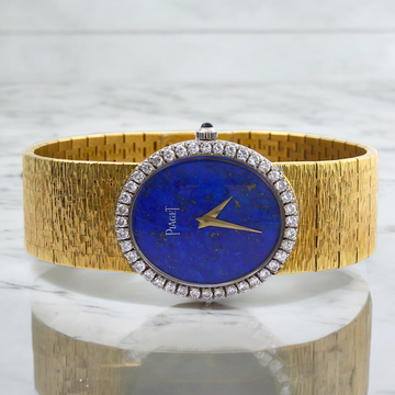 Piaget Vintage Blue Lapis Lazuli Dial Diamond Bezel 24mm Manual 18K Yellow Gold