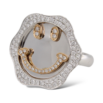 Natural Diamond Smiley Happy Face Ring 18K White & Yellow Gold 1.12 CT Size 7