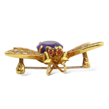Insect Bug Diamond Amethyst Emerald Ruby Brooch Pin 0.50 CT 18K Yellow Gold
