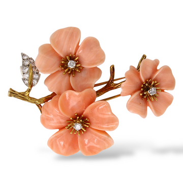 Boucheron French Diamond Coral Flower Brooch Pin 18K Yellow Gold Platinum