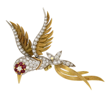 Vintage Diamond Bird Ruby Brooch Pin 2 CT 18K Yellow Gold Platinum