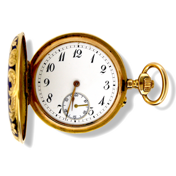 B. POITEVIN & V. LEJEUNE Antique Guilloché Blue Enamel 18K Gold Pocket Watch