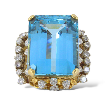 LARGE 34.50 CT Aquamarine Diamond 2.00 CT Ring Textured 18K Yellow Gold