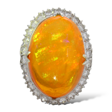 Mexican Fire Cabochon Opal 12 CT Diamond Halo Ring Size 4.5 Platinum